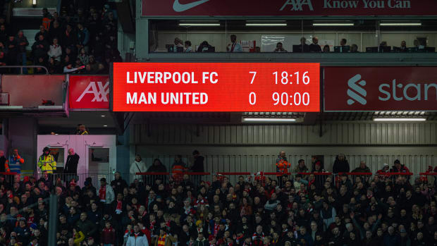 A photo of the scoreboard at Anfield after Liverpool beat Manchester United 7-0 in March 2023